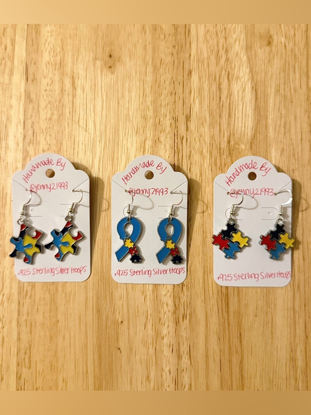 NEW! Jenny’s Handmade Autism Awareness Earrings .925 Sterling Silver Hoops